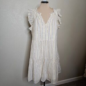 a loves a Ivory Metallic Gold Stripe Ruffle‎ Sleeve Tiered Mini Dress XL